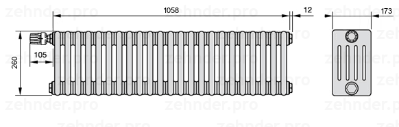 Схема (чертеж) Радиатор Zehnder Charleston 5026/23 №V012 Белый глянцевый RAL 9016